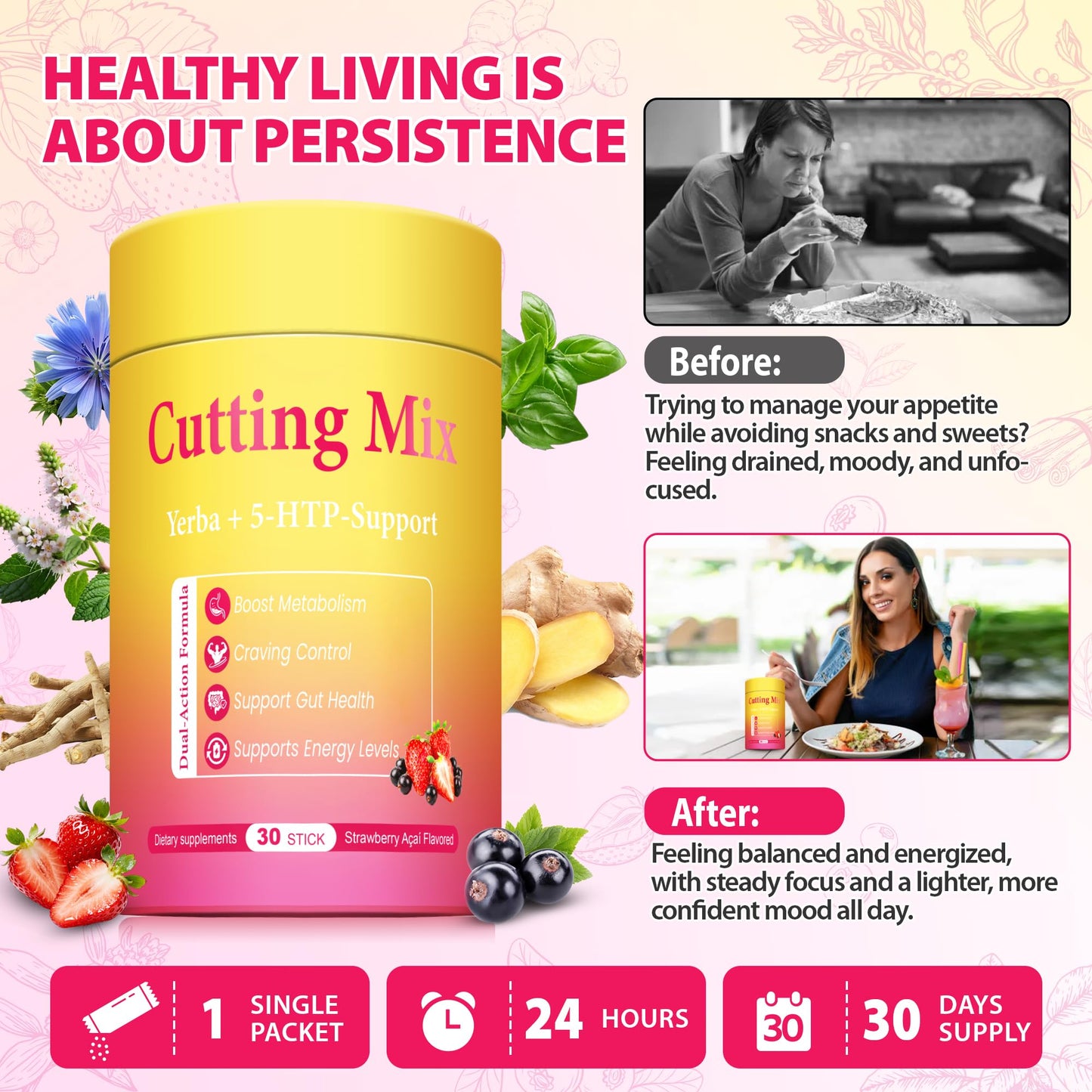 BOSNETHUINH Cutting Drink Mix – Chromium, 5-HTP, Yerba Mate, FOS & Magnesium | Supports Satiety Signaling, Energy & Gut Health