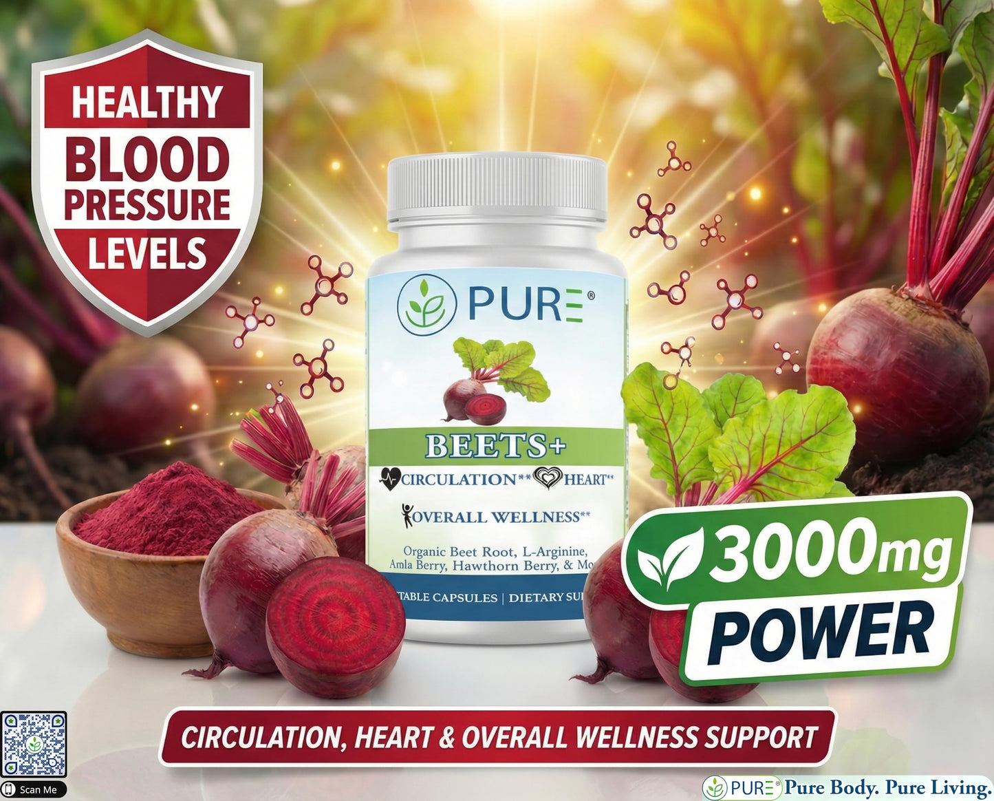 PURE® Beets+ Organic Beet Root Capsules - 900mg - 90 Count, 30 Servings - Blood Pressure & Circulation Support Supplement - with L-Arginine, Hawthorn Berry & B12 - Cardiovascular Health - Made in USA PURE buy supplements Au