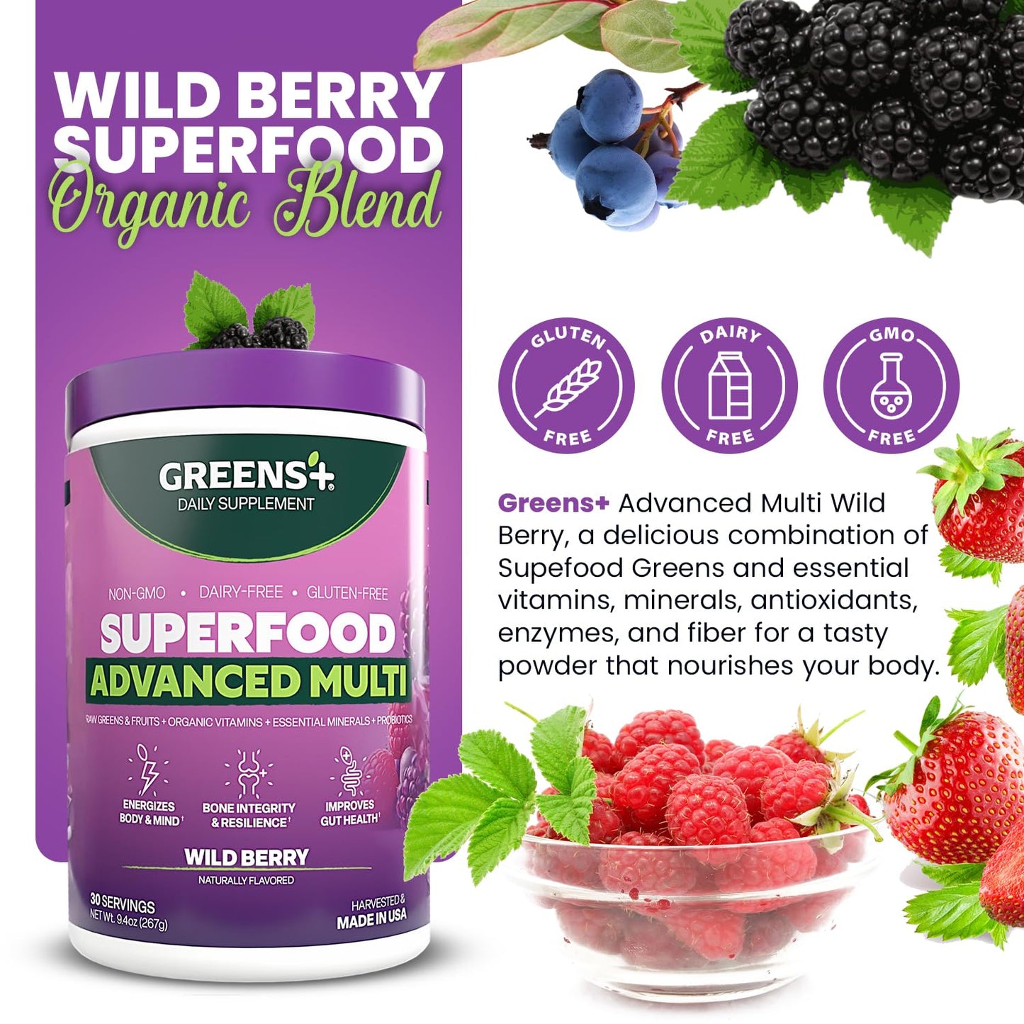 Greens+ Advanced Multi Wild Berry Superfood Powder, Organic Blend, Vegan, Non-GMO, Soy-Free, Dairy-Free, Gluten-Free, Dietary Supplement with Vitamins & Minerals, 9.4 oz Greens+ย buy supplements Au