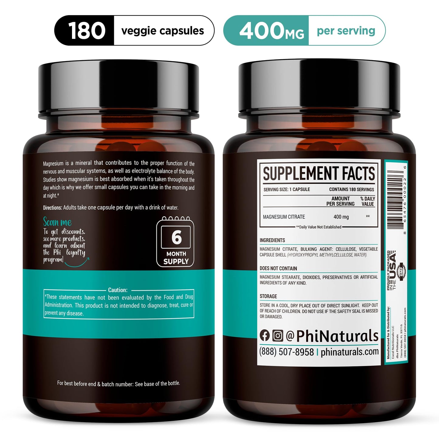 Magnesium Citrate Powder Capsules 400mg - 180 Count Veg Caps - PhiNaturals Supplements - Nervous System Support and Enzyme Function