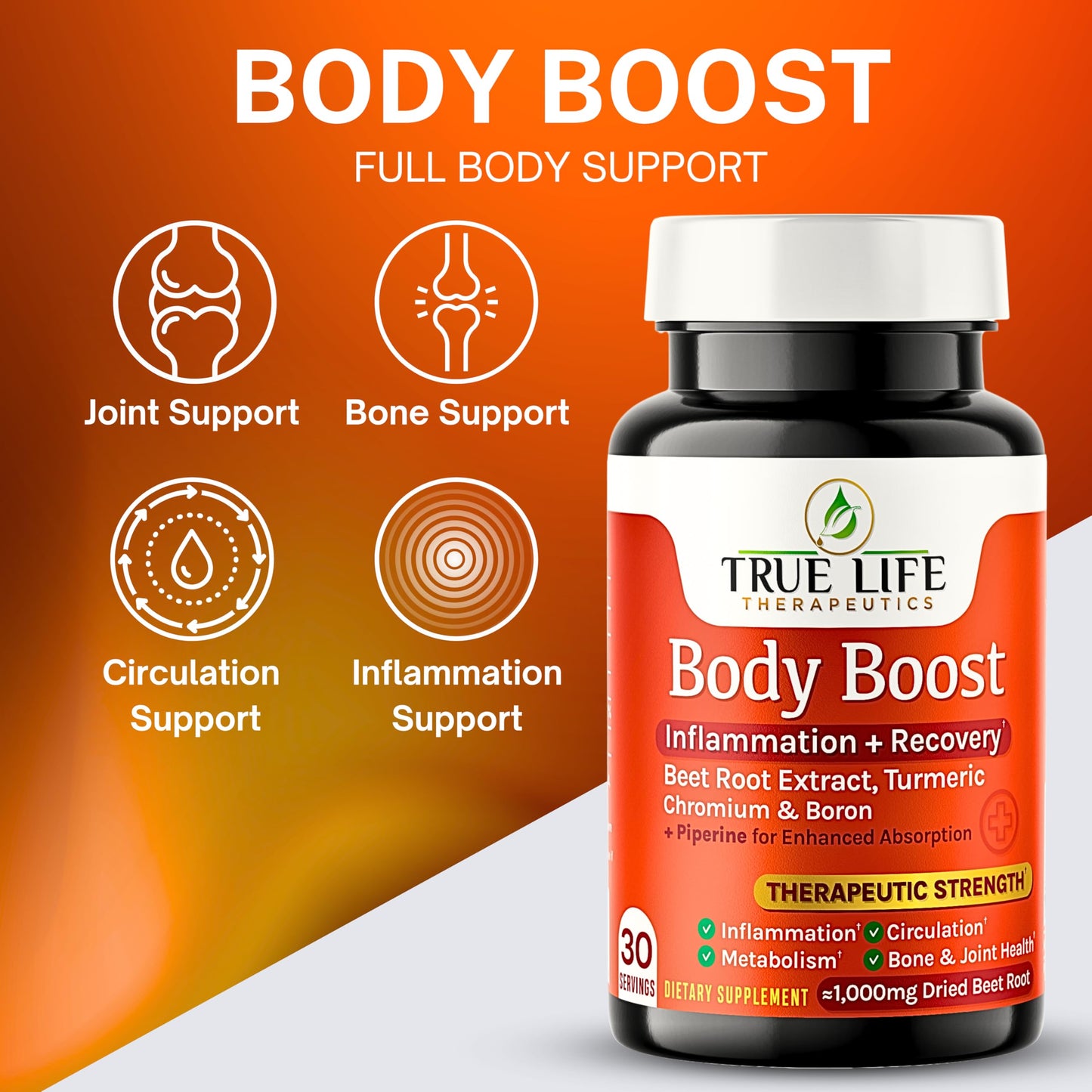 Body Support Tablets – Beet Root Extract, Turmeric Boron & Chromium – Supports Inflammation, Circulation, Hormonal Balance & Metabolic Function – 60ct - 30 Servings True Life Therapeutics buy supplements Au