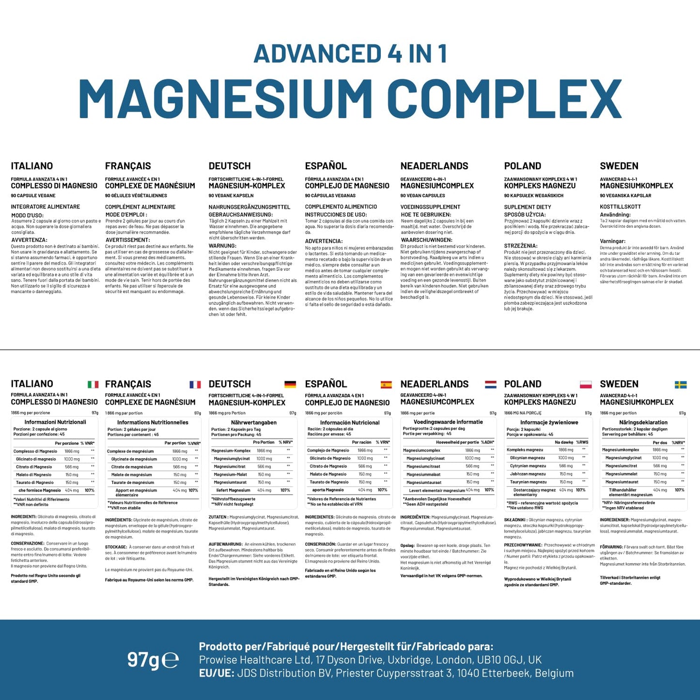 Magnesium Glycinate Complex 4 in 1-1866mg per Serving | Precise 404mg Elemental Magnesium dose | Added Magnesium Glycinate, Citrate, Malate & Taurate | 90 Vegan Capsules - by Prowise PH PROWISE Healthcare buy supplements Au