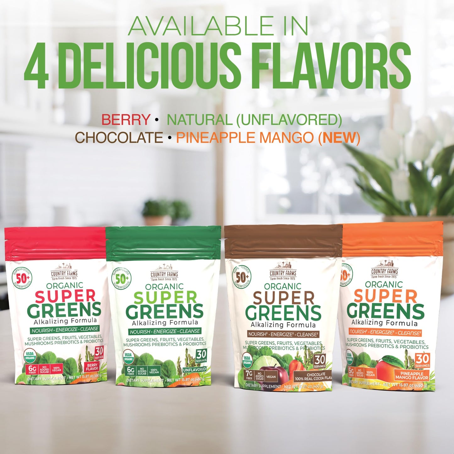 Country Farms Super Greens Berry Flavor, 50 Organic Super Foods, USDA Organic Drink Mix (Wheat Grass, Spirulina, Chlorella) Mushrooms & Probiotics, with Fiber, Gut Health, Natural Energy, 30 Servings Country Farms buy supplements Au