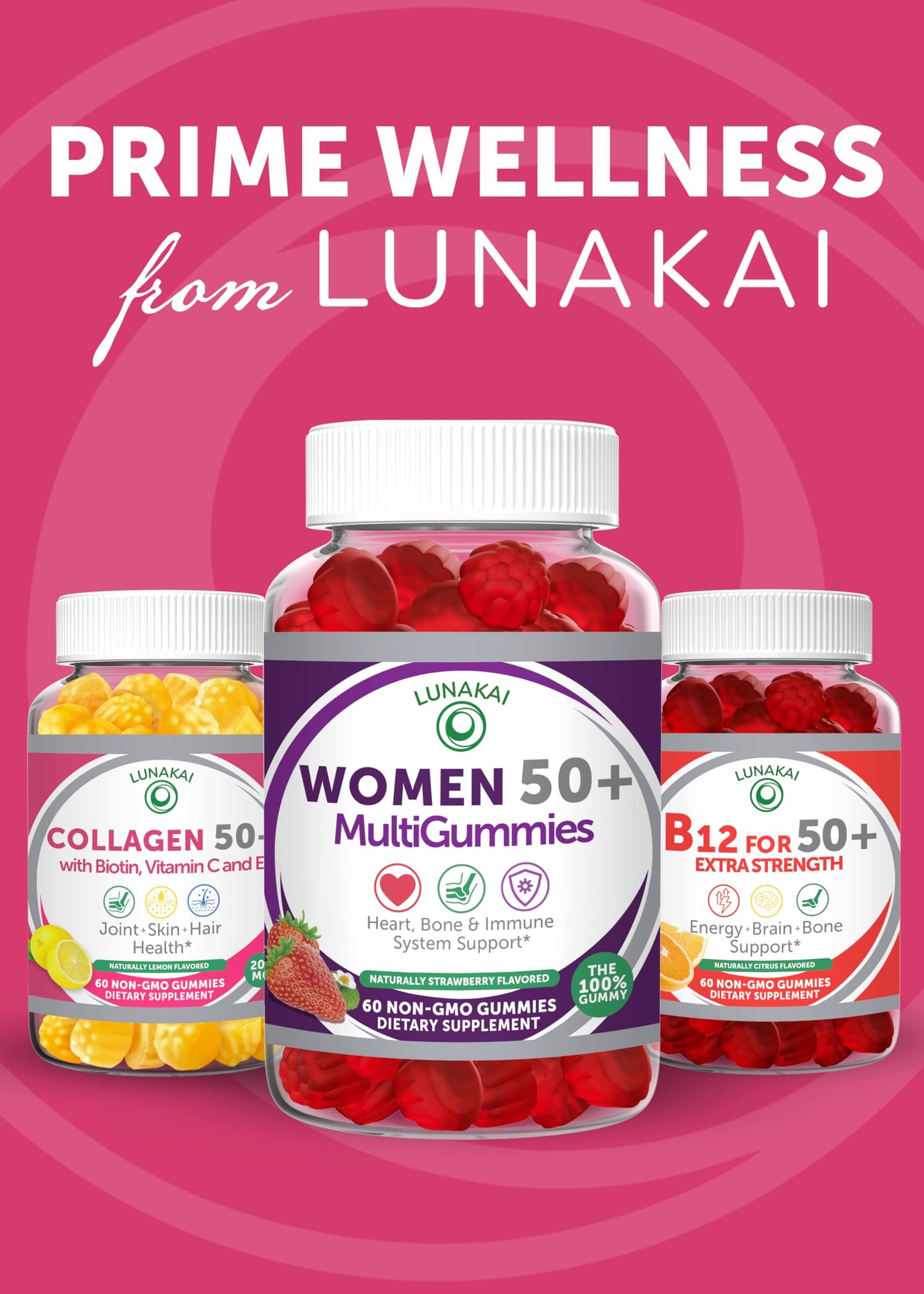 Lunakai USA Made Collagen Gummies for Women & Men Over 50, Biotin & Vitamin C, Supports Skin Elasticity, Hair & Nail Strength, Joint Support, 60ct Lunakai buy supplements Au
