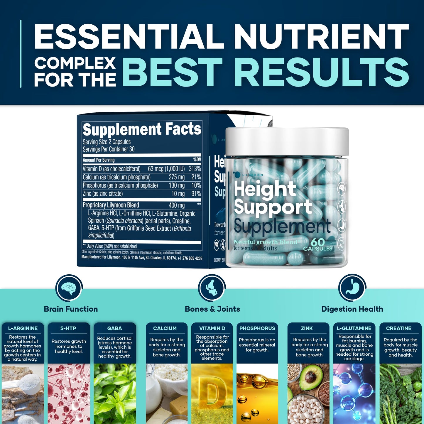 Height & Bone Support Supplement - Premium Height Growth Supplement for Kids & Teens with Calcium - Nutritional Support Bone Health Formula - Height Increase Essential Vitamins - 60 Caps LM LILYNUTRAMOON buy supplements Au
