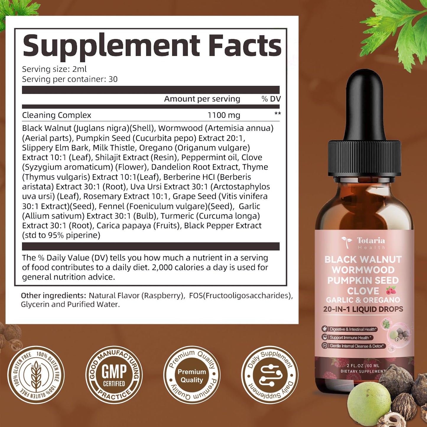 Totaria 20 in 1 Black Walnut Wormwood Tincture - Clove,Pumpkin Seed,Garlic,Oregano