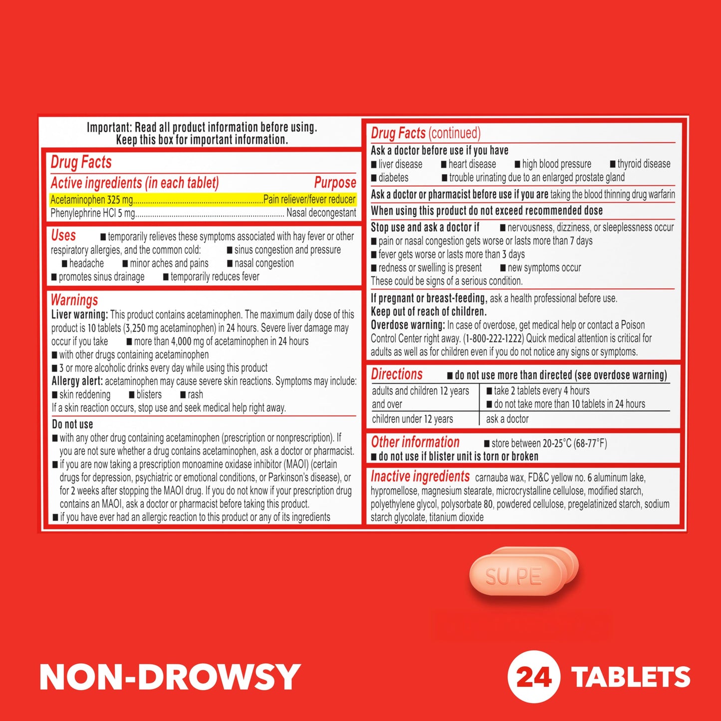 Sudafed PE Sinus Pressure + Pain Relief Tablets, Maximum Strength, Non-Drowsy, OTC Sinus Relief Medicine with Acetaminophen Pain Reliever & Phenylephrine HCl Nasal Decongestant, 24 ct Sudafed buy supplements Au