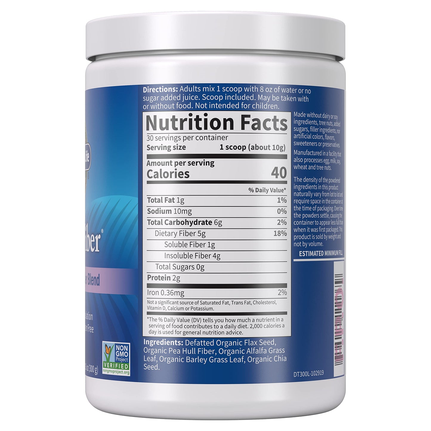 Garden of Life Organic Unflavored Fiber Powder Detox Blend with Chia, Alfalfa & Barley for Herbal Cleanse, Gut Health Support - Detoxifiber - Non-GMO,