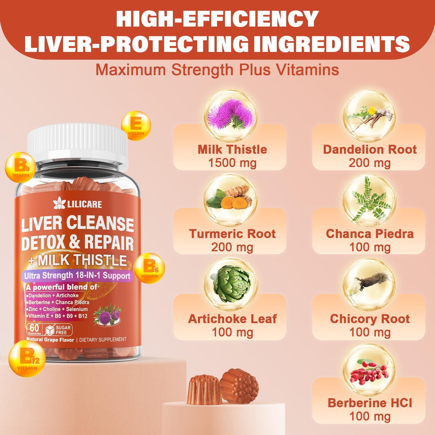 Milk Thistle Liver Detox Gummies, 18-IN-1 Liver Cleanse Detox & Repair Supplement with Berberine, Chicory Root, Turmeric, Artichoke, Dandelion Root, Chanca Piedra