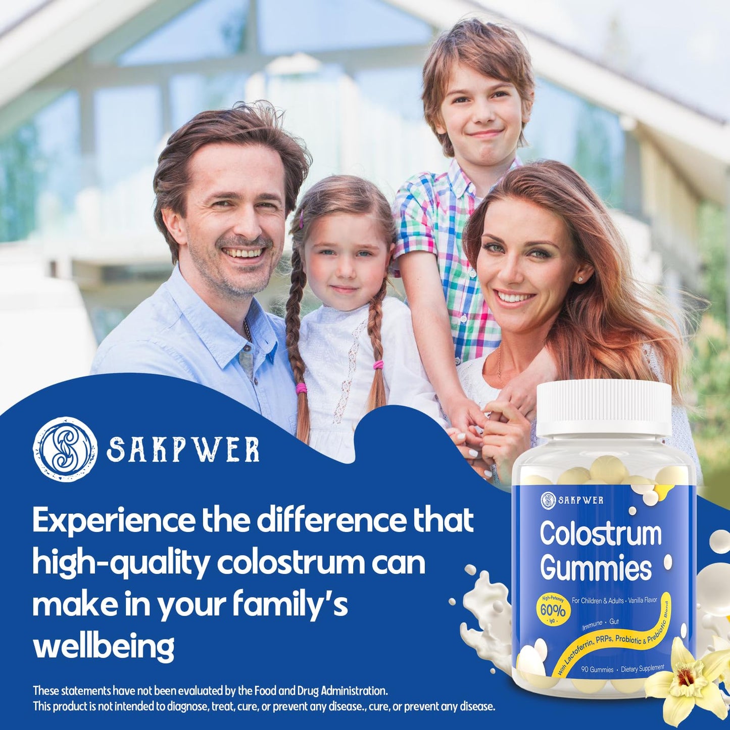 Sakpwer Bovine Colostrum Supplement Gummies - with 60% Highest IgG, Lactoferrin, Probiotics and Prebiotics for Adults and Kids