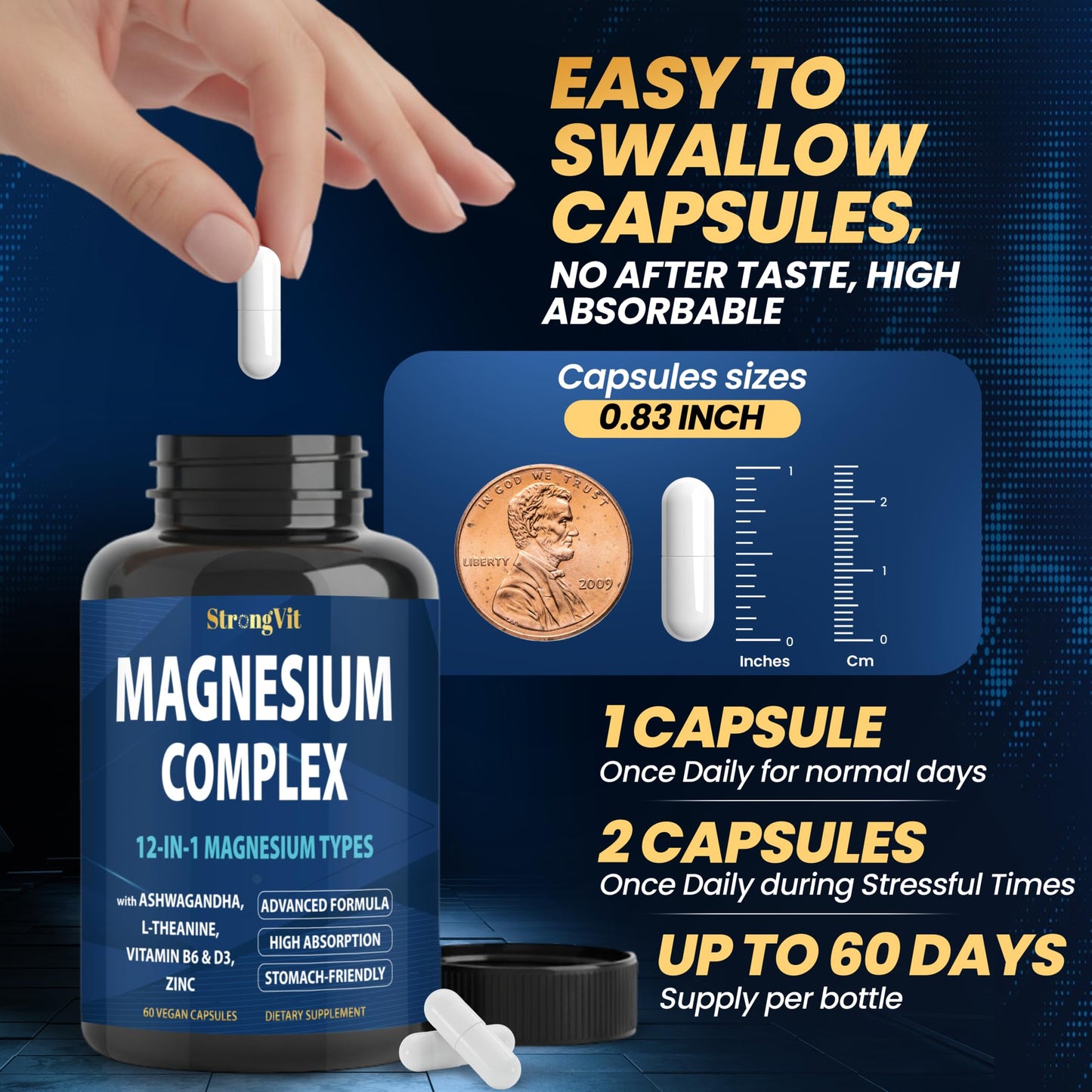 1000mg Magnesium Complex for Women and Men, 12 in 1 Magnesium Supplement with Ashwagandha, Zinc, D3, L-theanine. Easy to Swallow, High Absorption, Sleep Support & Stress Relief (60 Capsules) StrongVit buy supplements Au