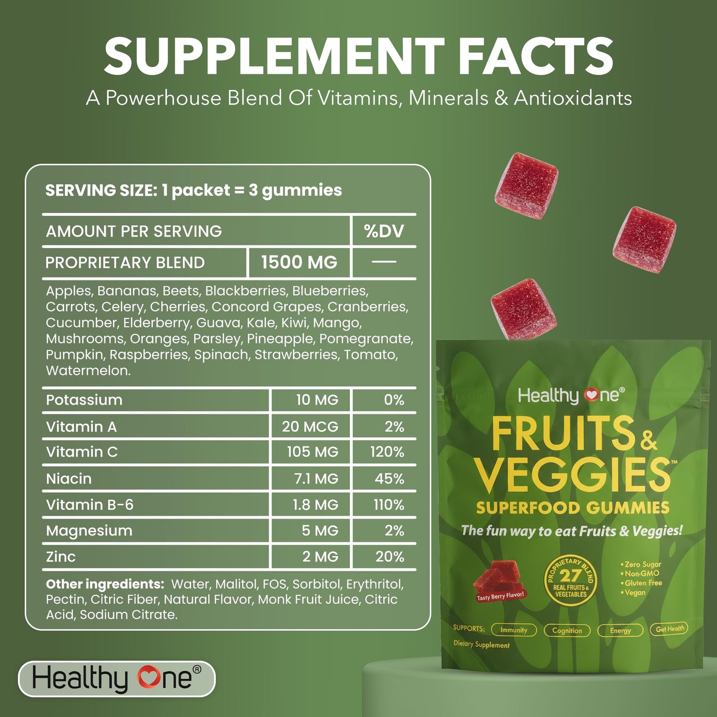 Fruits & Veggies Sugar-Free Gummies - 27 Whole Foods - Equals 3 Servings of Fruits & Vegetables - Improve Energy, Focus & Immune Function - Fiber - Antioxidants - Organic Ingredients - 14 Packets Healthy One buy supplements Au