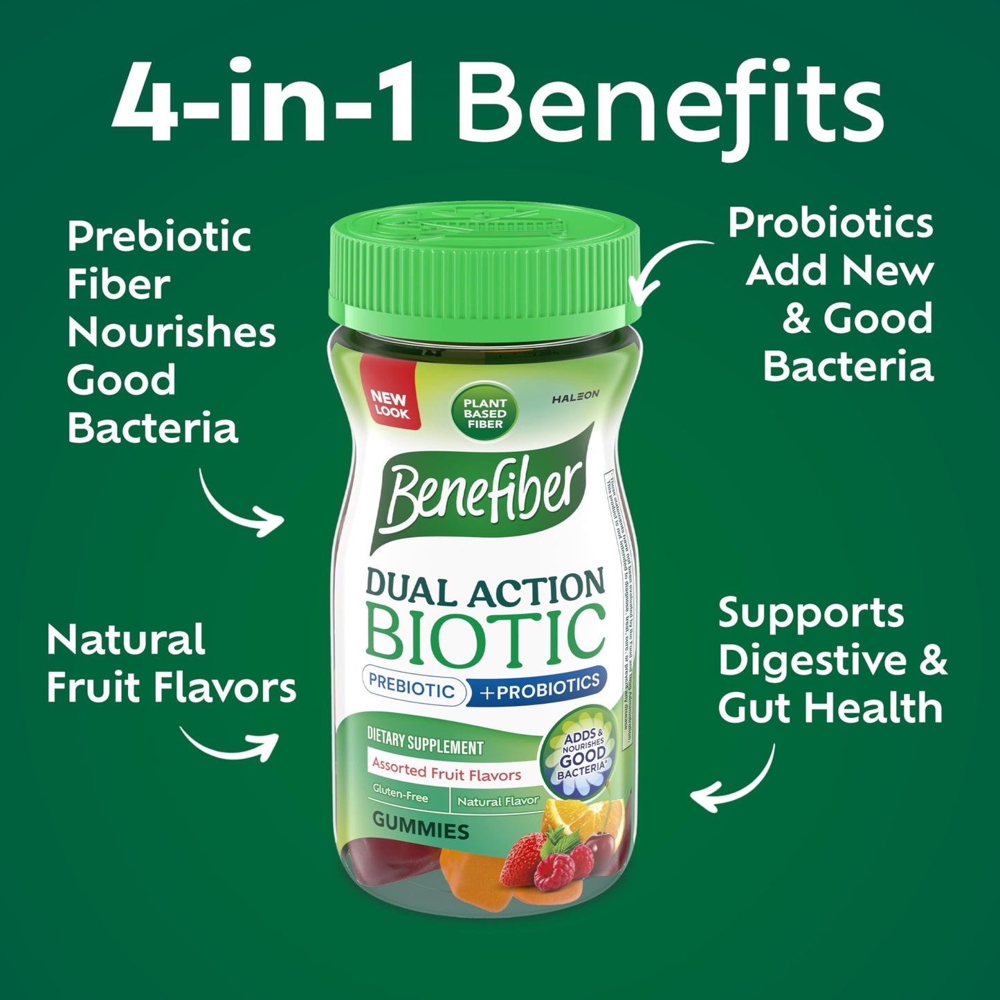 Benefiber Prebiotic Friendly Fiber Supplement Gummies with Probiotics for Digestive Health, Assorted Fruit Flavors - 50 Count