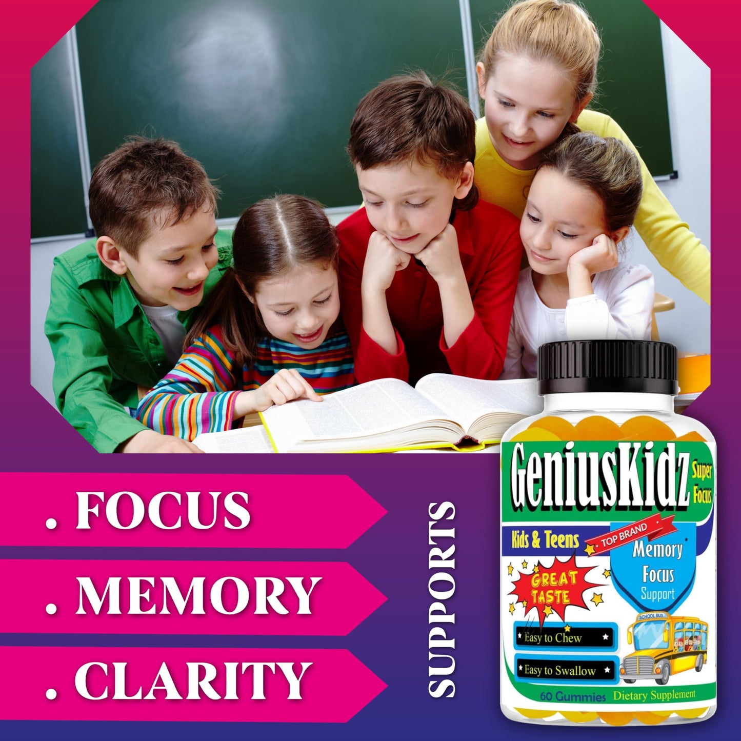 Celebrity Lifestyle Product Brain Support Focus Supplement for Kid and Teens Omega 3 Gummy Vitamin Memory and Attention, Brain Booster, Kid Focus Attention Supplement(1 Bottle) DHA 60ct Celebrity LifeStyle Product buy supplements Au