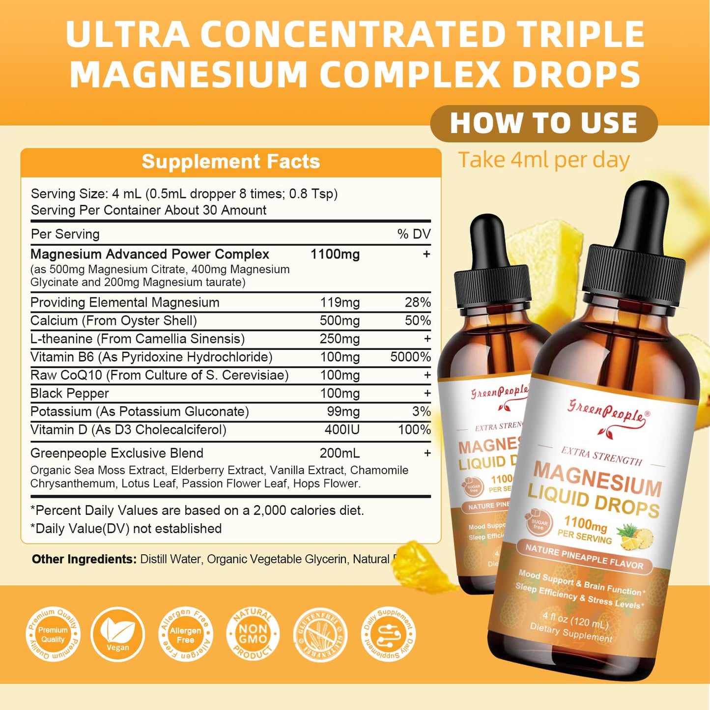 GREENPEOPLE 17-in-1 Triple Magnesium Complex Supplement,Magnesio Liquid Drops with Magnesium Glycinate & Citrate,Pineapple Flavor,Calm Mood,Muscle & Sleep for Adults,4 fl. oz 2Pack GREENPEOPLE buy supplements Au