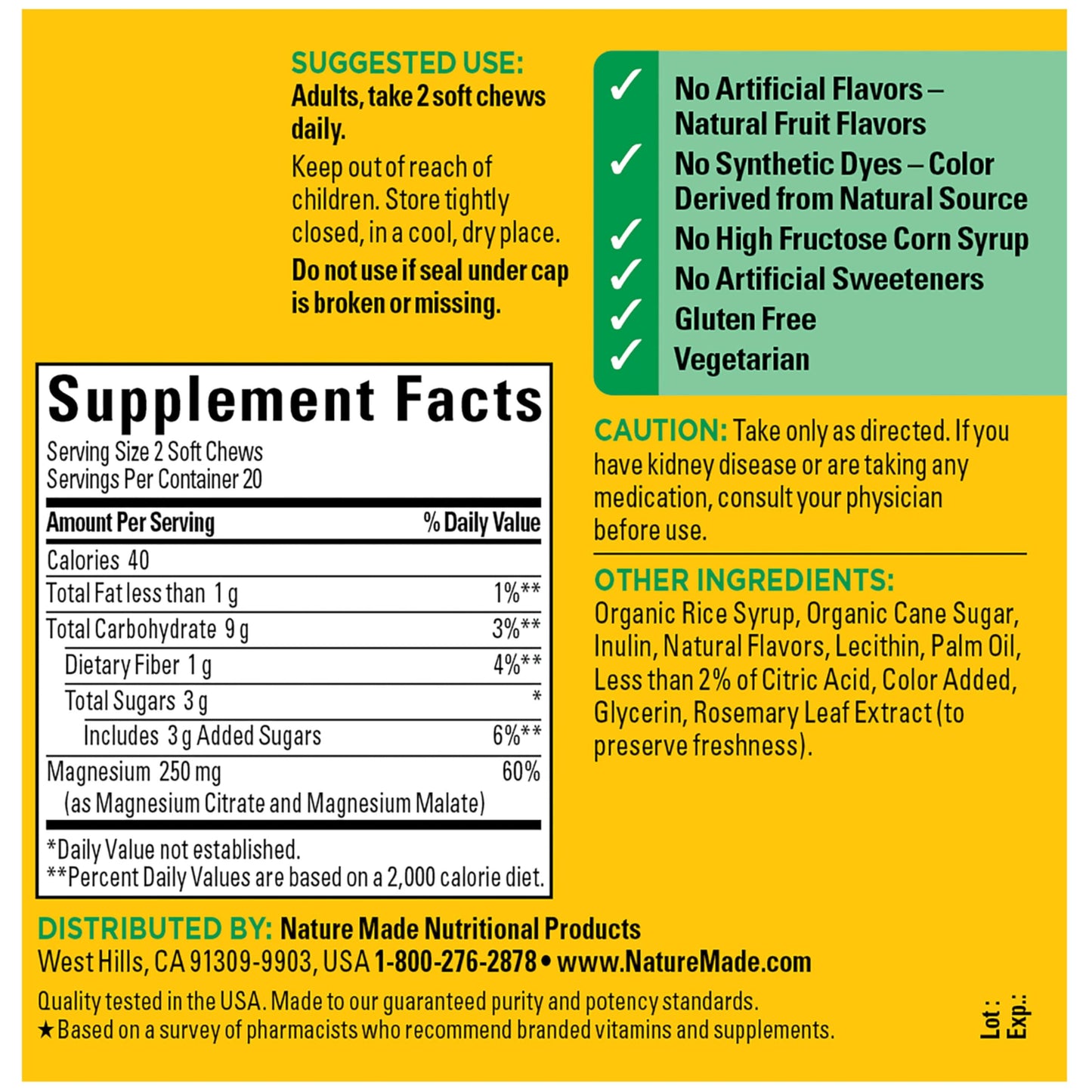 Nature Made High Absorption Magnesium Complex Soft Chews, Magnesium Supplement for Muscle, Heart, Bone Support, Magnesium Citrate & Malate Blend 250 mg per Serving, 40 Vegetarian Chews, 20 Day Supply Nature Made buy supplements Au