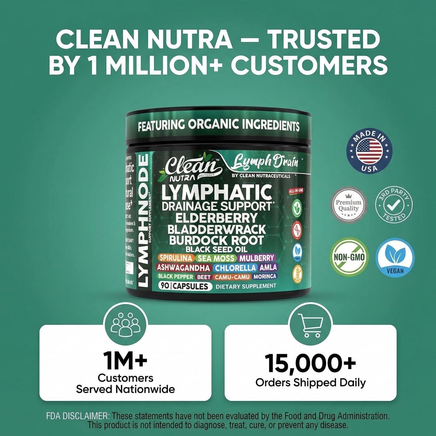 Organic Lymphatic Drainage Supplements | Elderberry Bladderwrack Burdock Root Black Seed Oil Spirulina Sea Moss Ashwagandha Chlorella Amla Beet Moringa Chlorophyll Lymph System Capsules By Clean Nutra Clean Nutraceuticals buy supplements Au