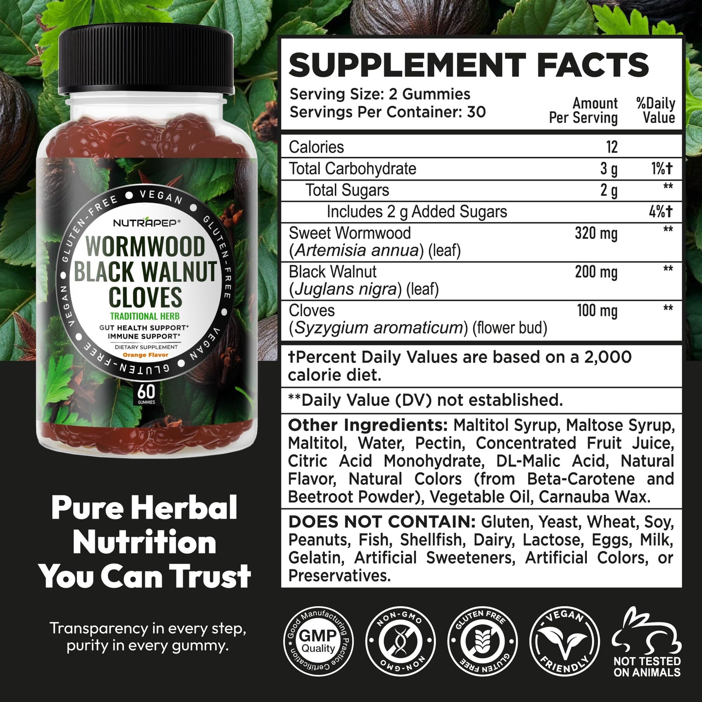 NutraPep Wormwood Black Walnut & Cloves Gummies - Gut Health Immune Support & Natural Detox Cleanse Traditional Herbal Supplement - Vegan Gluten-Free