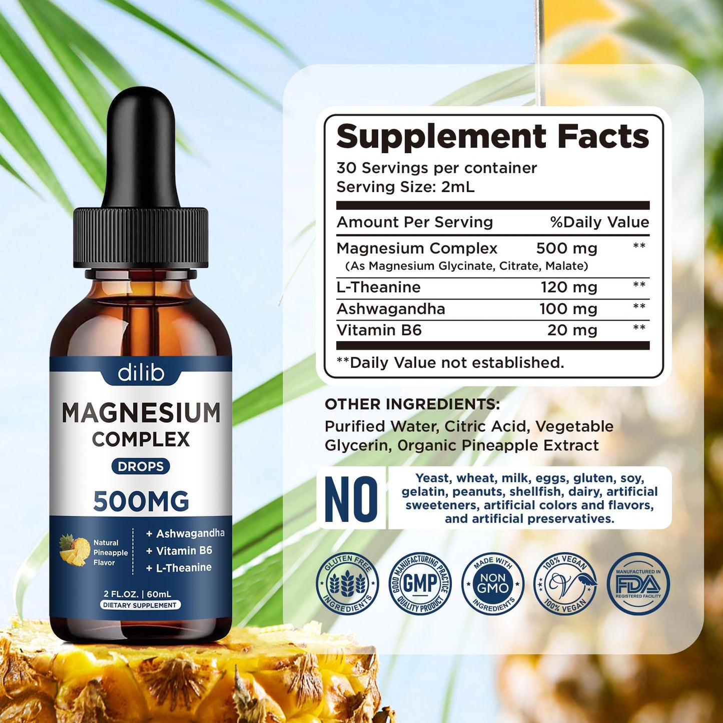 Triple Magnesium Complex Supplement-Magnesium Glycinate, Citrate, Malate Liquid Drops 500mg with Ashwagandha, L-Theanine, Vitamin B6 for Calm, Stress Relief, Sleep, Muscle Support-Pineapple Flavor dilib buy supplements Au