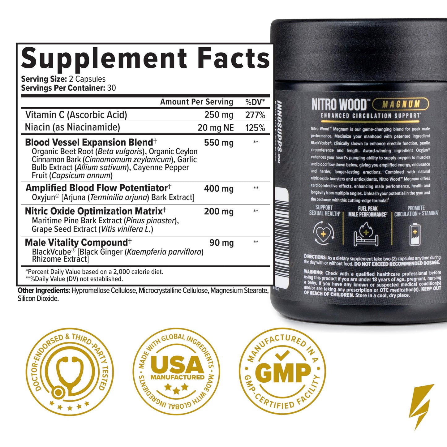 InnoSupps Nitro Wood Magnum – Nitric Oxide Booster for Men – Supports Blood Flow, Circulation & Male Performance – Stamina, Endurance & Size Support – 60 Veg Capsules
