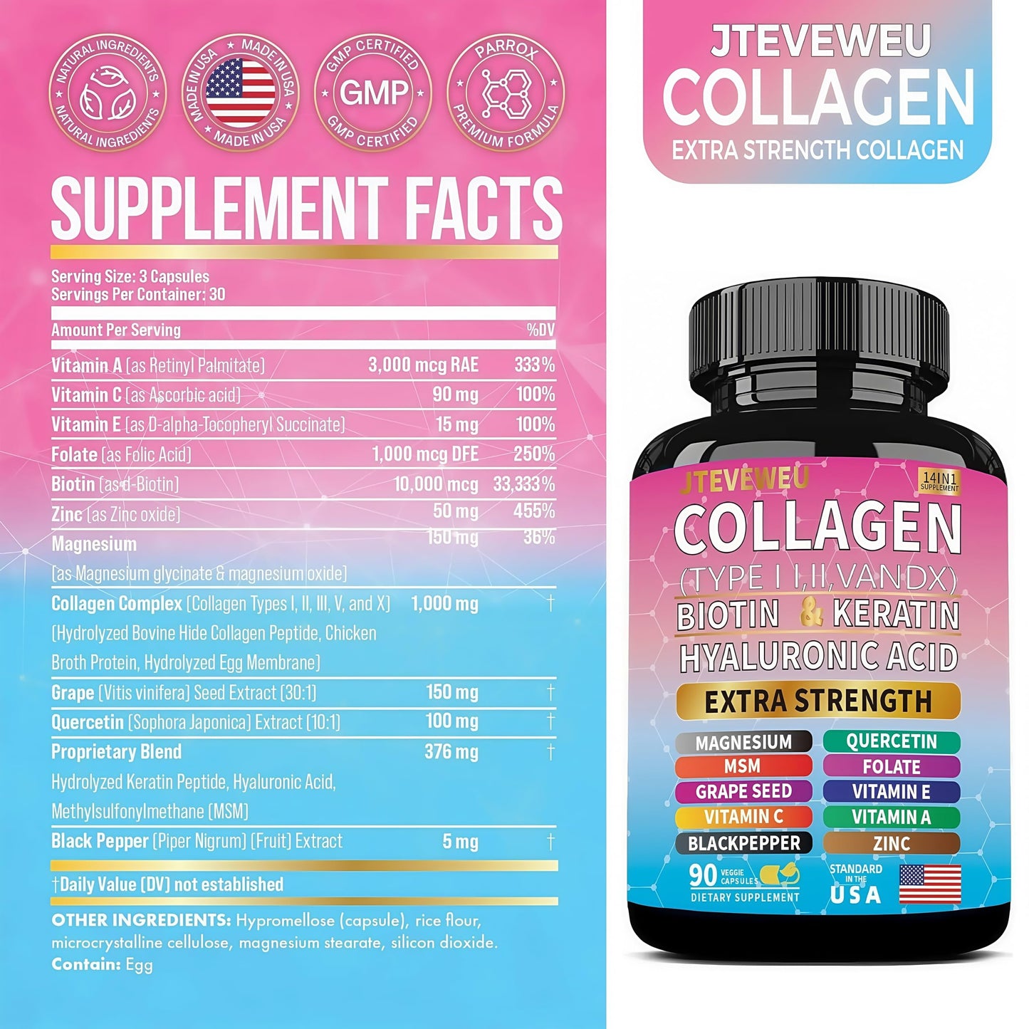 JTEVEweu Collagen Supplement - Type I, II, III, V and X - with Biotin, Keratin, Hyaluronic Acid & 13+ Extra Strength Ingredients - (90 Capsules) JTEVEweuBuy Supplements Australia
