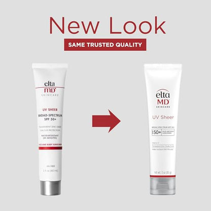 EltaMD UV Sheer Face and Body Sunscreen SPF 50+, Oil Free, No White Cast Sunscreen for Face and Body, Zinc Oxide Formula, 3.0 oz Tube