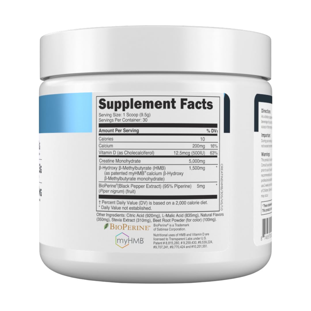 Transparent Labs Creatine HMB - Creatine Monohydrate Powder with HMB for Muscle Growth, Increased Strength, Enhanced Energy Output, and Improved Athletic Performance