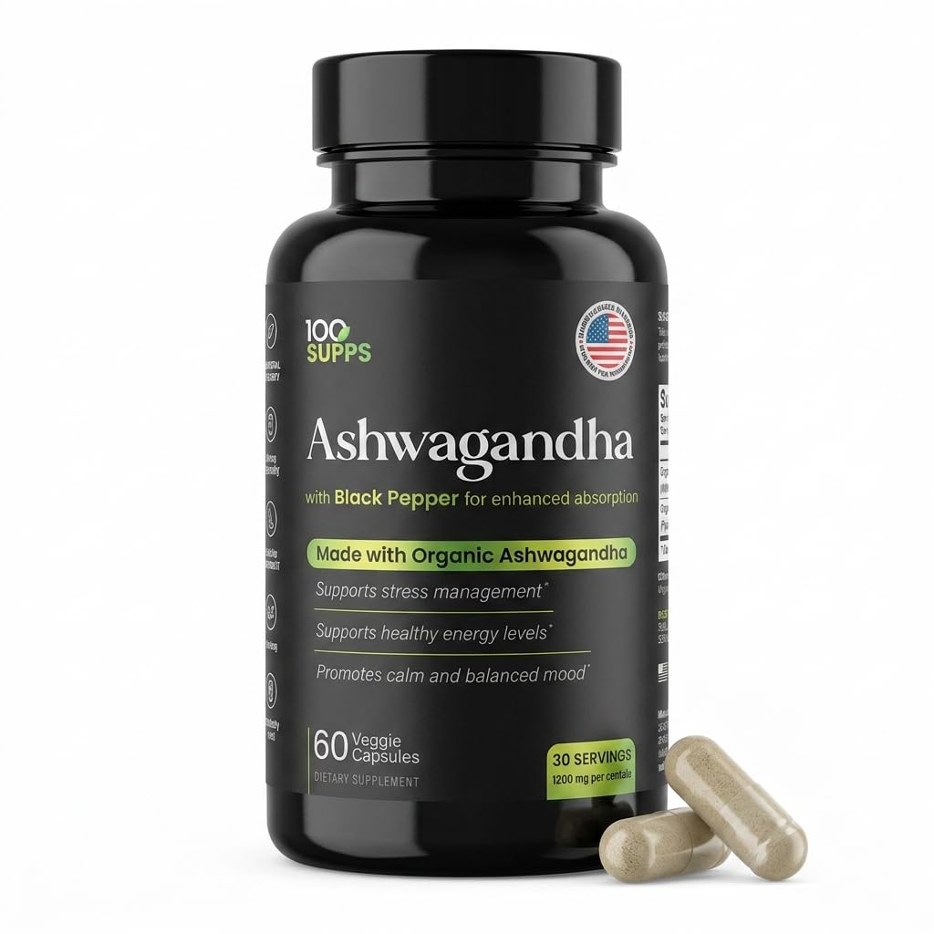 100 Supps Ashwagandha Capsules with Black Pepper Extract 4:1 (10mg), Made with Organic Ashwagandha Powder, 1200mg per Serving, 60 Veggie Capsules