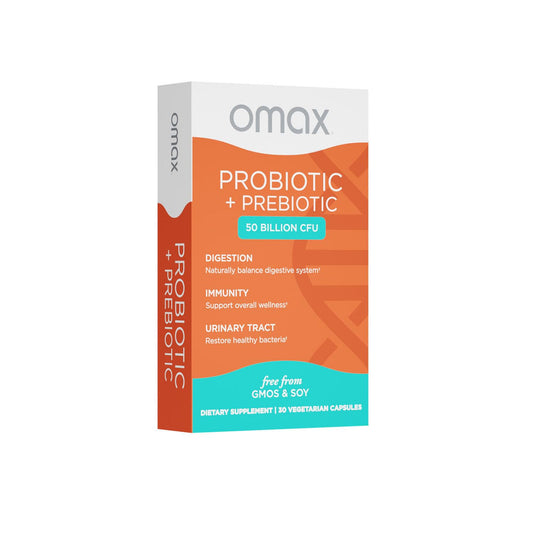Omax Prebiotic & Probiotic 50 Billion CFU + Chicory Inulin, 10 Strains, Reduce Bloating, Digestion, SIBO, Leaky Gut, Vaginal pH, Acidophilus, Vegan