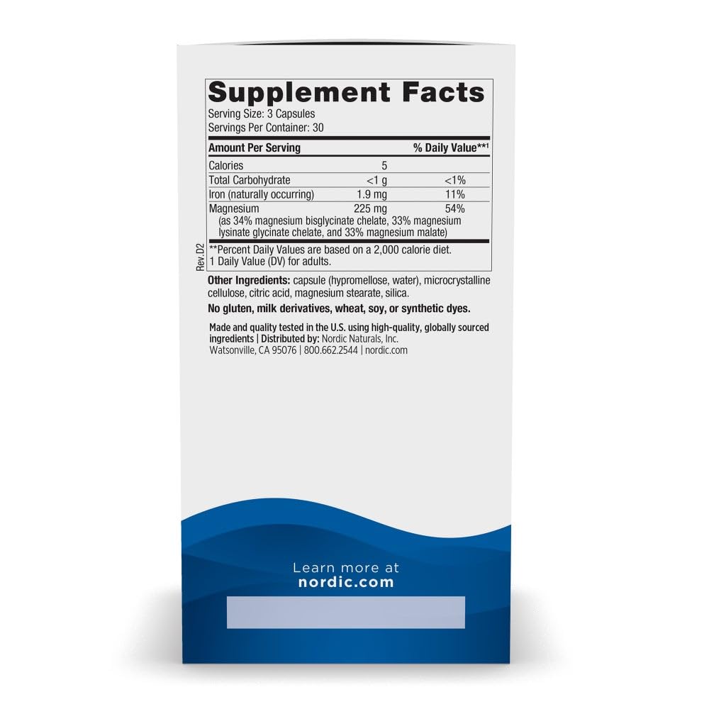 Nordic Naturals Magnesium Complex - 90 Capsules - 225 mg Magnesium, 1.9 mg Iron - Brain & Heart Health, Mood, Energy, & Muscle Relaxation - Non-GMO, Vegan - 30 Servings Nordic Naturals buy supplements Au