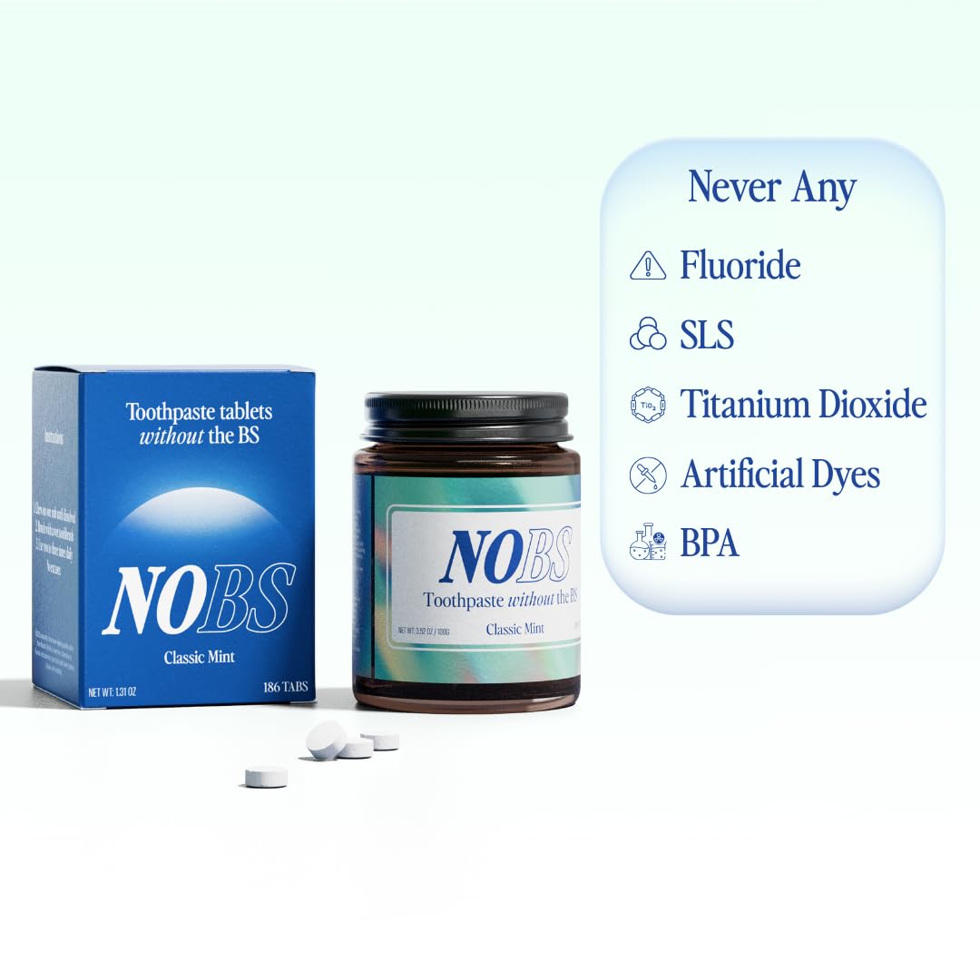 NOBS (No Bad Stuff) Toothpaste Tablets - Nano Hydroxyapatite, Fluoride & Plastic Free, Eco & Travel Friendly - Remineralize with NHA (3 Month)