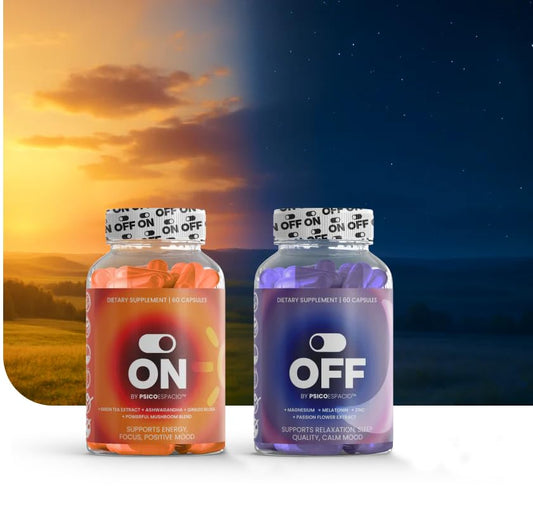 PSICÓESPACIO ON & Off Day & Night Supplement Bundle – Natural Energy with Ashwagandha + Sleep Aid with Melatonin & L-Theanine for Adults, Focus, Relaxation & Mood Support, 60 Count Each OFF BY PSICOESPACIOBuy Supplements Australia