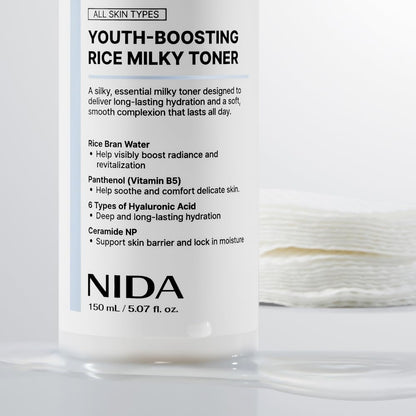 NIDA Youth-boosting Rice Milky Toner, for Glass Skin | Rice Bran Extract, Niacinamide, Ceramide NP, Panthenol | Deep Moisturizing, Hydrating and Refreshing