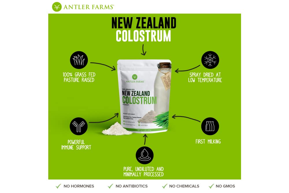 Antler Farms 100% Pure New Zealand Colostrum, 30 Servings, 1 lb - Grass Fed, Pasture Raised, Clean Sourced, Cold Processed,