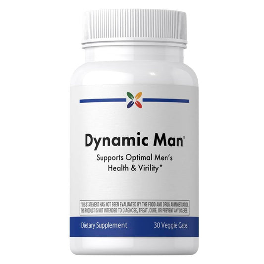 Supplement bottle labeled 'Dynamic Man' on a white background
