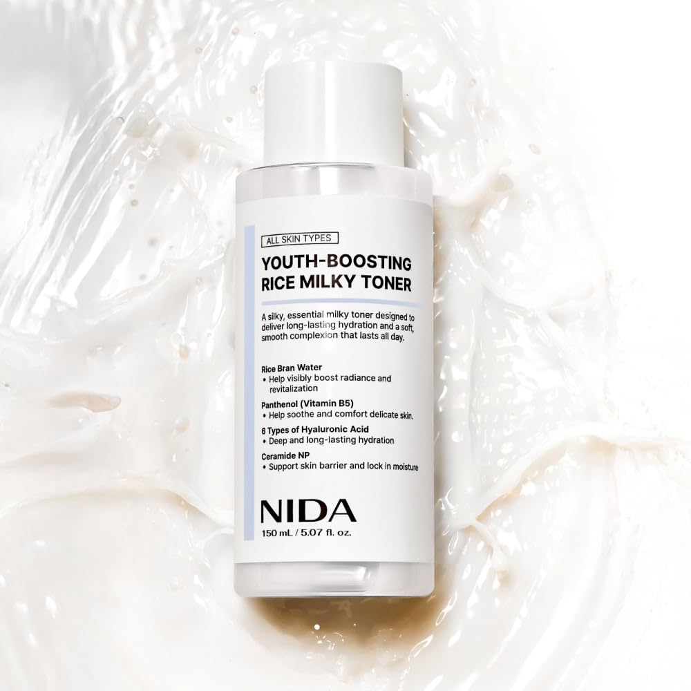 NIDA Youth-boosting Rice Milky Toner, for Glass Skin | Rice Bran Extract, Niacinamide, Ceramide NP, Panthenol | Deep Moisturizing, Hydrating and Refreshing