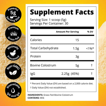 Bold Belly Colostrum Powder Supplement - Whole Cream Bovine Colostrum for Gut & Immune Support, Grass-Fed USA Cows, Cold-Processed