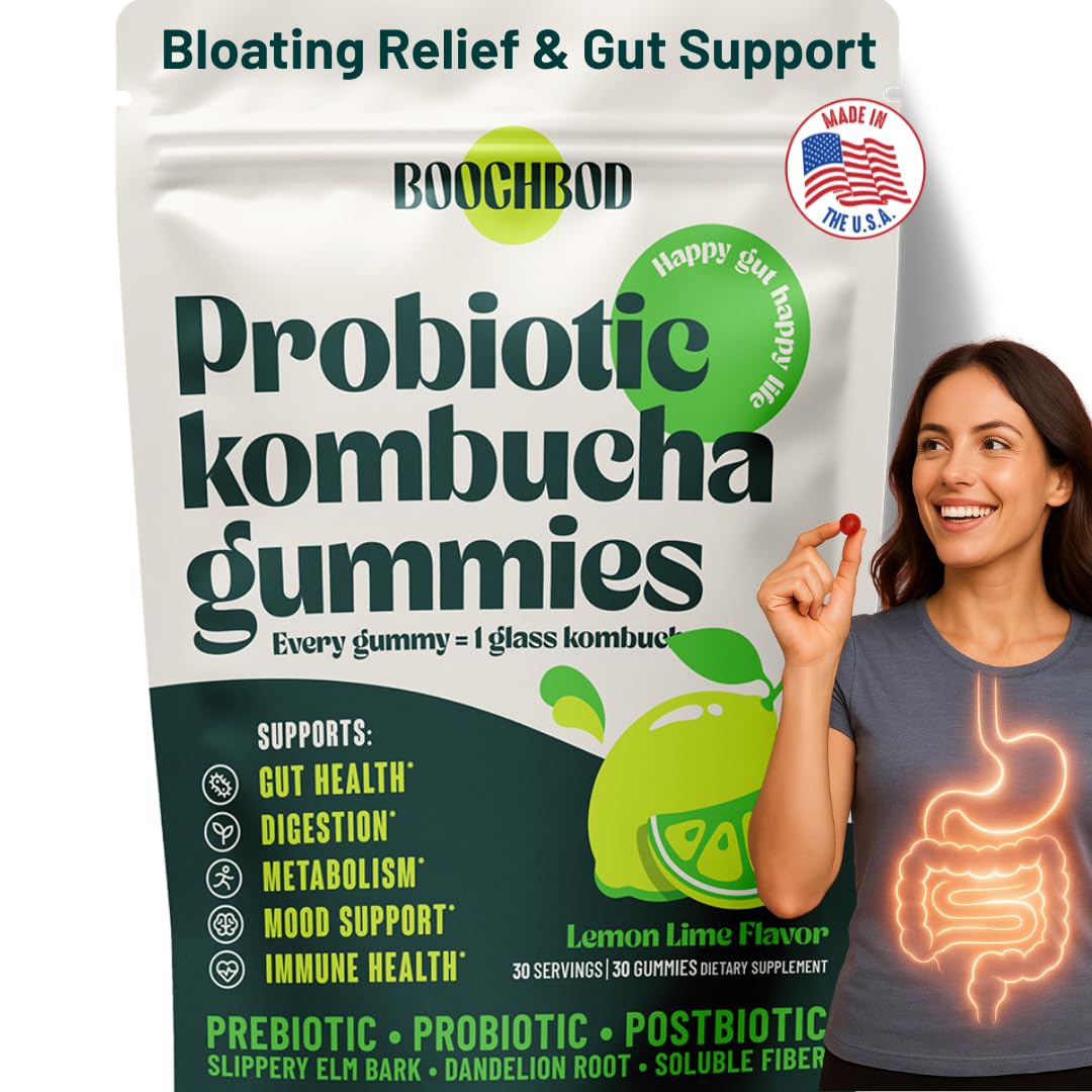 BoochBod - Probiotic Kombucha Gummy - Prebiotics, Probiotics, Postbiotics, Fiber Supplement, Slippery Elm, Dandelion Root, for Bloating, Gut Health