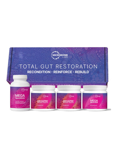 Microbiome Labs Total Gut Restoration Kit (Powder) - 3-Product Gut Health Spore Based Probiotic, Prebiotic Powder & Mucosal Immunoglobulin + Amino Acids Supplement