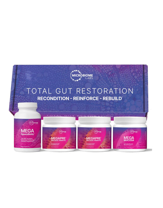 Microbiome Labs Total Gut Restoration Kit (Powder) - 3-Product Gut Health Spore Based Probiotic, Prebiotic Powder & Mucosal Immunoglobulin + Amino Acids Supplement