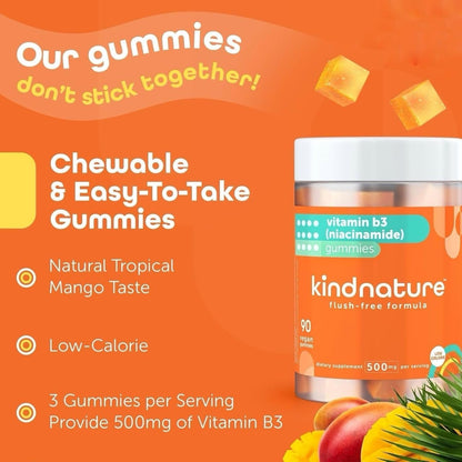 kindnature Vitamin B3 Niacinamide Gummies 500mg – Flush-Free Niacin Supplement – Supports Skin, Energy & Nervous System Wellness – Vegan, Non-GMO