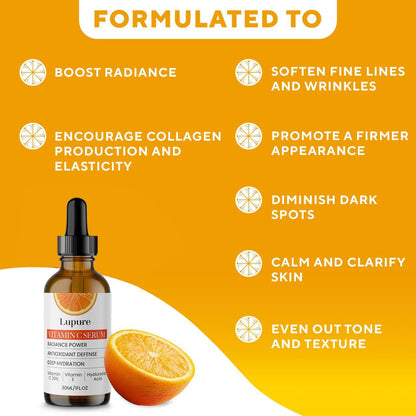 Lupure Professional Vitamin C Face Serum 20%, Anti Aging Facial Super Vit C Serum with Ascorbic Acid Hyaluronic Acid & Vitamin E for Dark Spots,