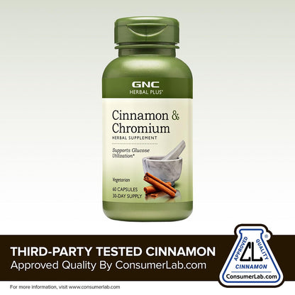 GNC Herbal Plus Cinnamon & Chromium Supplement, Vegetarian 30 Servings