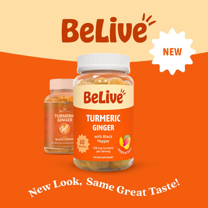 BeLive Turmeric and Ginger Gummies - 500mg - Joint and Mobility Support Supplement - Curcumin with Black Pepper for Enhanced Absorption