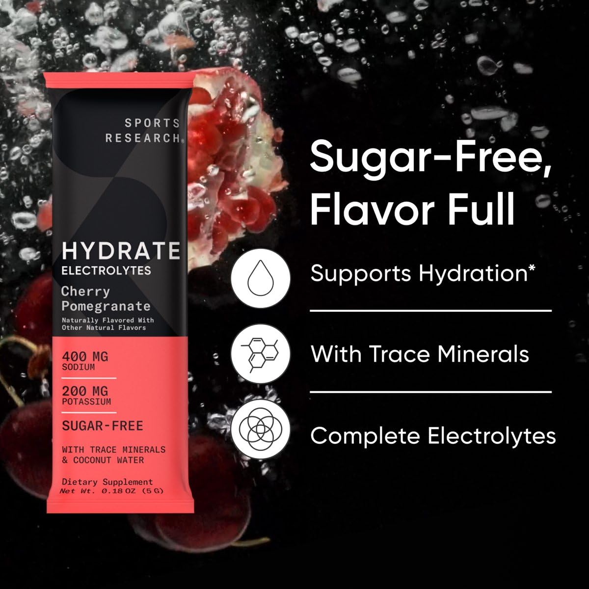 Sports Research® Hydrate Electrolytes Powder Packets - Sugar-Free & Naturally Flavored with Vitamins, Minerals, and Coconut Water