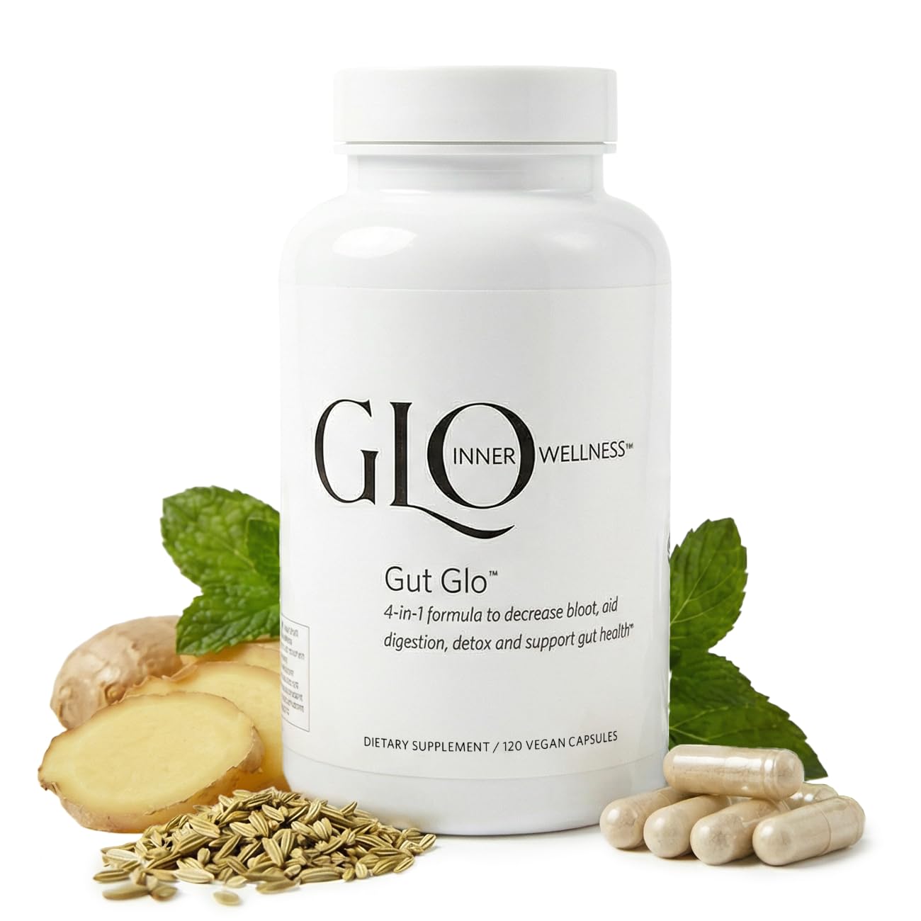 GLO Inner Wellness Gut Glo Natural Bloating Relief, Gut Health, Digestion & Constipation Aid 4-in-1 Probiotic, Digestive Enzyme, Magnesium