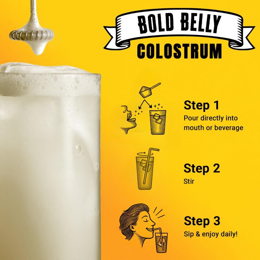 Bold Belly Colostrum Powder Supplement - Whole Cream Bovine Colostrum for Gut & Immune Support, Grass-Fed USA Cows, Cold-Processed