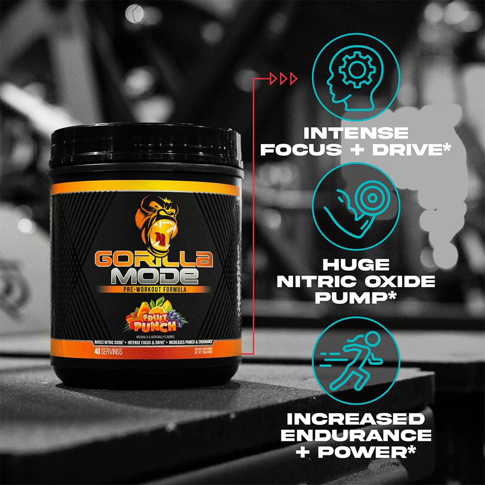 Gorilla Mode Pre Workout - Massive Pumps Laser Focus Energy Power - L-Citrulline, Creatine, L-Tyrosine, Betaine, Hydroprime, Alpha-GPC, 400mg