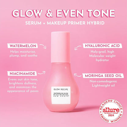 Glow Recipe Watermelon Niacinamide Dew Drops, Korean Niacinamide Serum Drops, Hydrating Face Serum + Primer & Liquid Highlighter,
