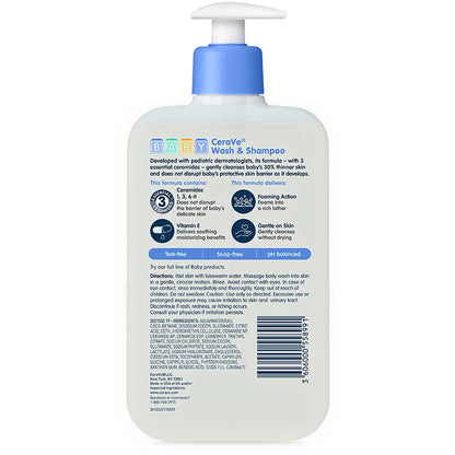 CeraVe Baby Wash & Shampoo, Tear-Free 2-in-1 Bath Wash for Hair & Skin, with Vitamin E, Fragrance-Free, Paraben-Free, Dye-Free, Phthalates-Free, Sulfate-Free, 16oz